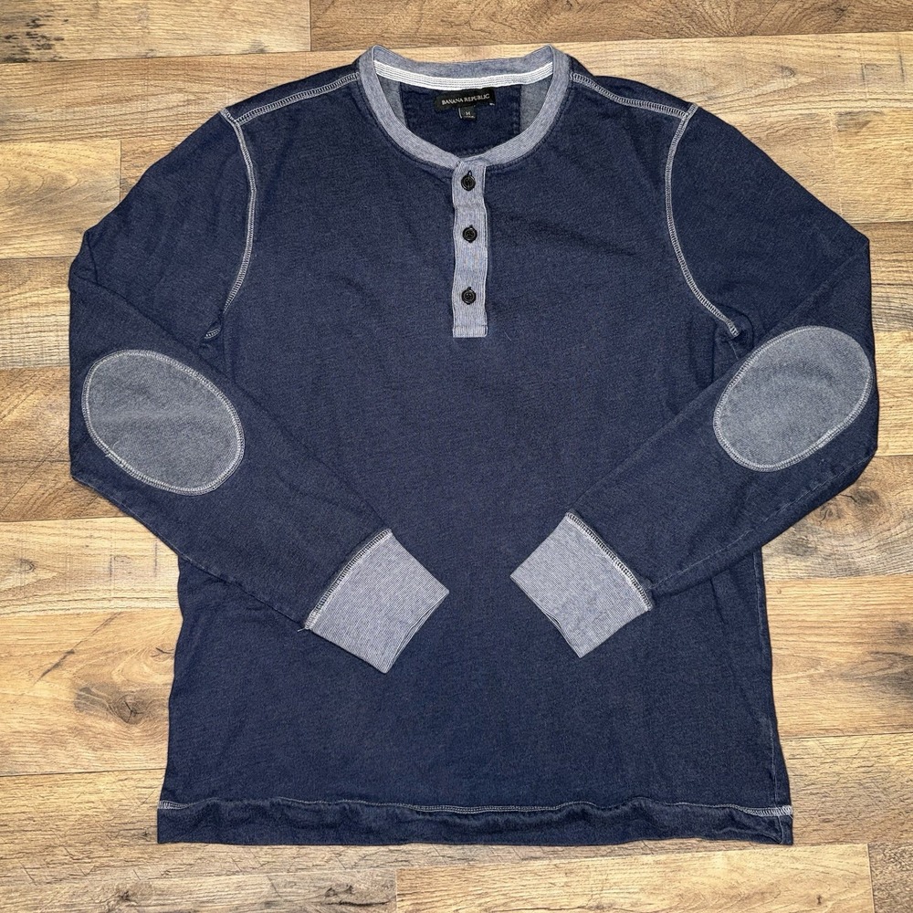 Banana Republic‎ Pullover Henley Long Sleeve Elbow Patch Size M Blue